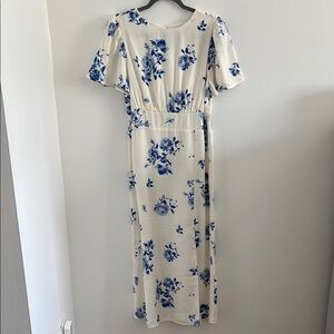 Sugarlips Cream and Blue Puff Sleeve Maxi Dress